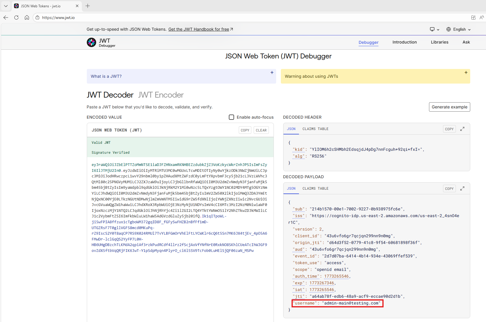 Username claim highlighted in jwt.io decoded payload